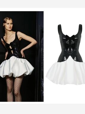 New RASARIO Sequined Satin Mini Dress in Black & White
